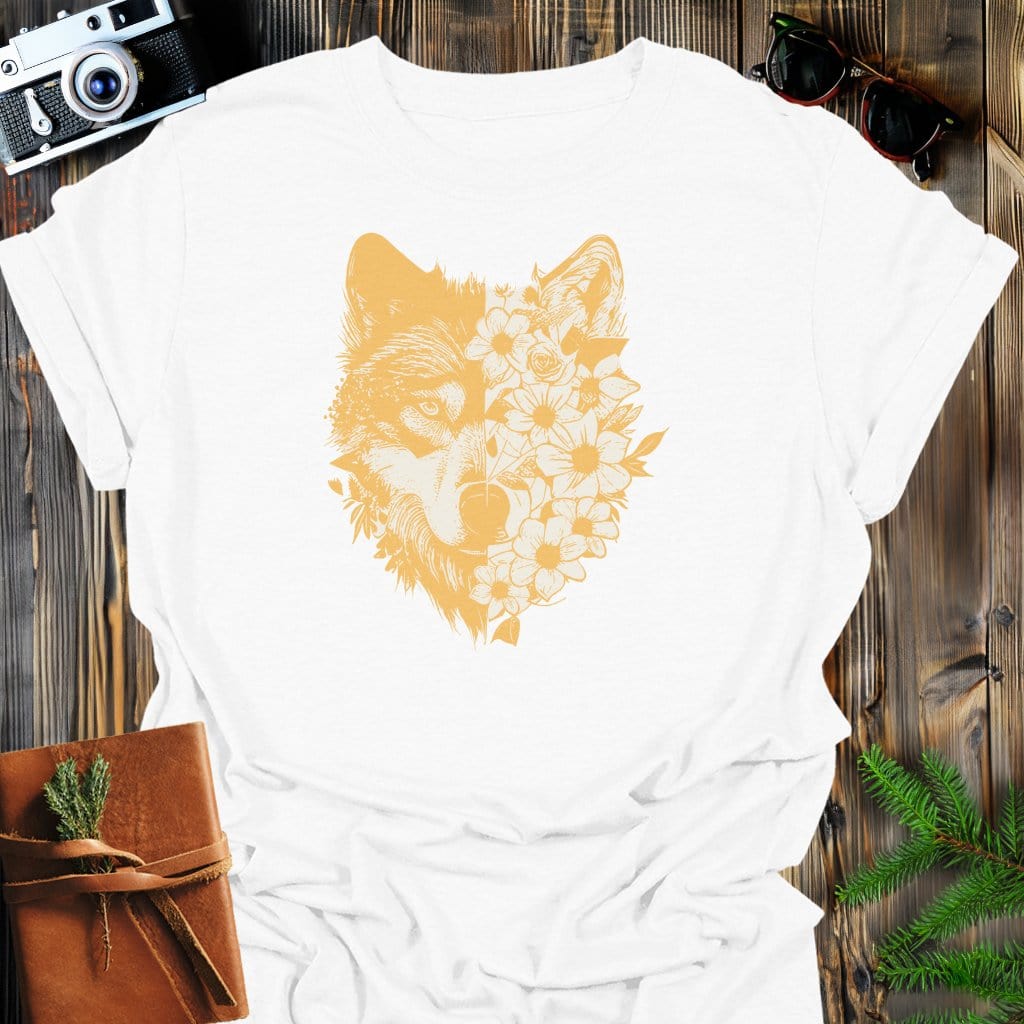 Floral Wolf T-Shirt In White / S Lightweight adventure tee for outdoor lovers Perfect for hiking camping or road trips Made from soft breathable cotton for all-day comfort Ideal for nature lovers and adventurers FAYO Threads outdoor apparel remember Fun Awaits You Outside
