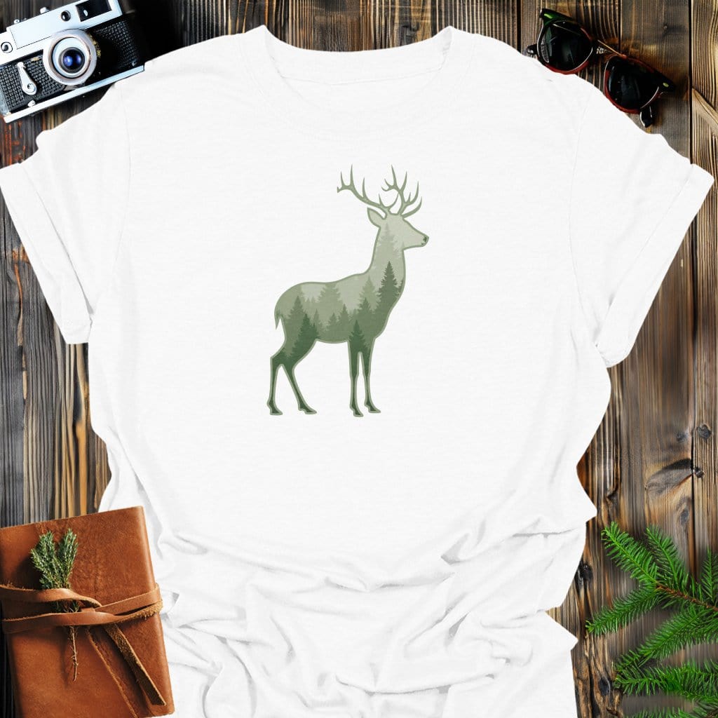 Forest Stag T-Shirt In White / S Lightweight adventure tee for outdoor lovers Perfect for hiking camping or road trips Made from soft breathable cotton for all-day comfort Ideal for nature lovers and adventurers FAYO Threads outdoor apparel remember Fun Awaits You Outside