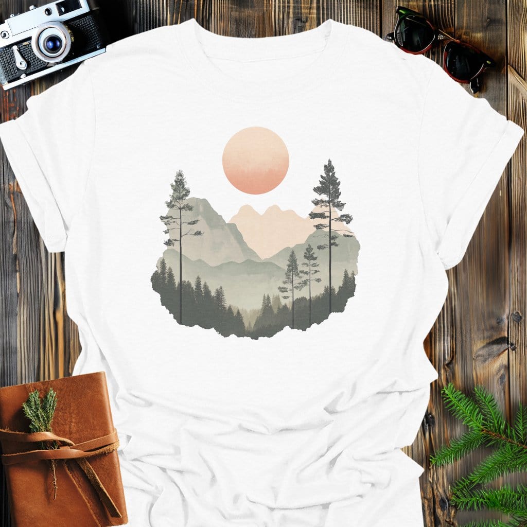 Serene Peaks T-Shirt In White / S Lightweight adventure tee for outdoor lovers Perfect for hiking camping or road trips Made from soft breathable cotton for all-day comfort Ideal for nature lovers and adventurers FAYO Threads outdoor apparel remember Fun Awaits You Outside