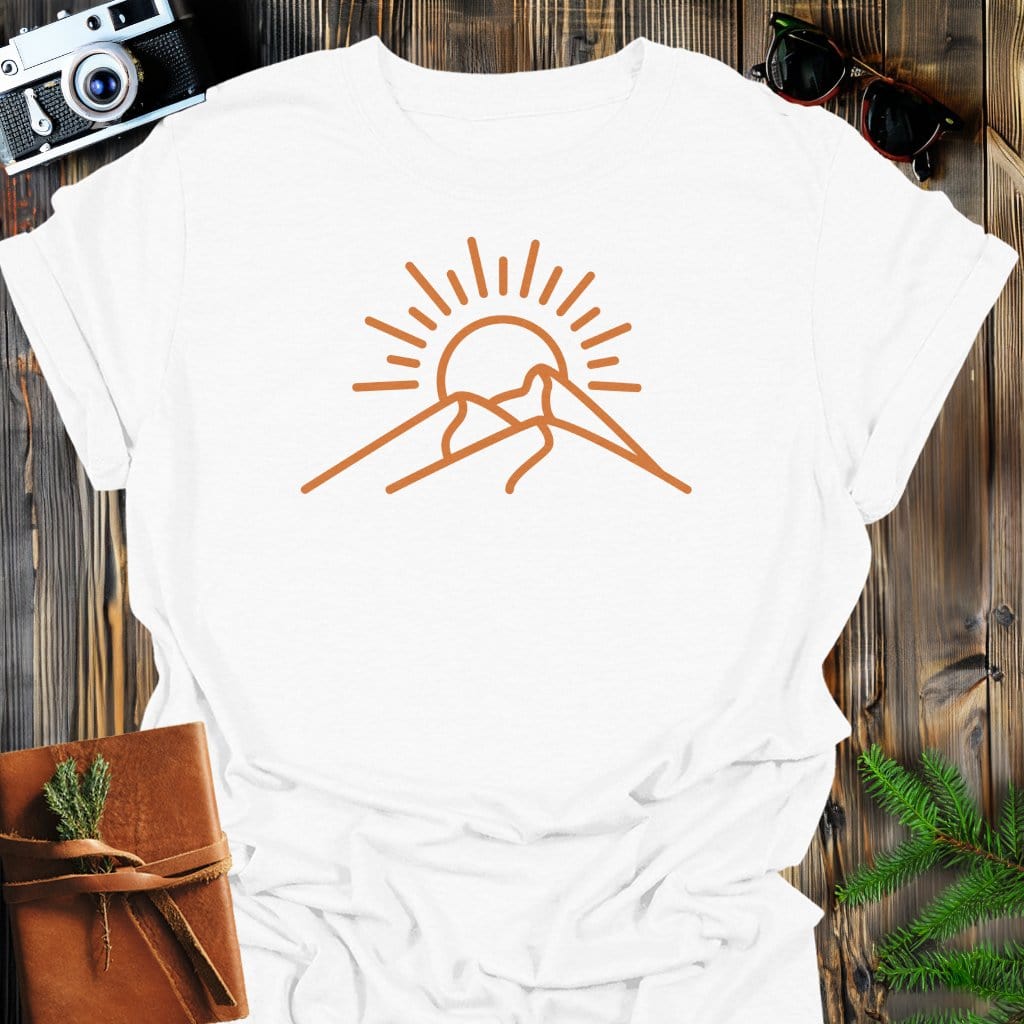 Sunrise Ridge T-Shirt In White / S Lightweight adventure tee for outdoor lovers Perfect for hiking camping or road trips Made from soft breathable cotton for all-day comfort Ideal for nature lovers and adventurers FAYO Threads outdoor apparel remember Fun Awaits You Outside