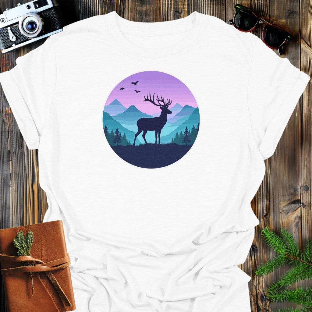 Twilight Buck T-Shirt In White / S Lightweight adventure tee for outdoor lovers Perfect for hiking camping or road trips Made from soft breathable cotton for all-day comfort Ideal for nature lovers and adventurers FAYO Threads outdoor apparel remember Fun Awaits You Outside