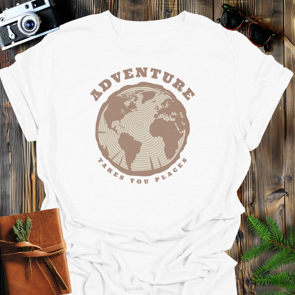 Adventure Takes You Places T-Shirt In White / S Lightweight adventure tee for outdoor lovers Perfect for hiking camping or road trips Made from soft breathable cotton for all-day comfort Ideal for nature lovers and adventurers FAYO Threads outdoor apparel remember Fun Awaits You Outside