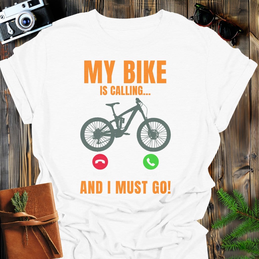 Bike Is Calling T-Shirt In White / S Lightweight adventure tee for outdoor lovers Perfect for hiking camping or road trips Made from soft breathable cotton for all-day comfort Ideal for nature lovers and adventurers FAYO Threads outdoor apparel remember Fun Awaits You Outside