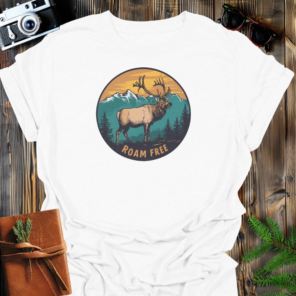 Elk Roam Free T-Shirt In White / S Lightweight adventure tee for outdoor lovers Perfect for hiking camping or road trips Made from soft breathable cotton for all-day comfort Ideal for nature lovers and adventurers FAYO Threads outdoor apparel remember Fun Awaits You Outside