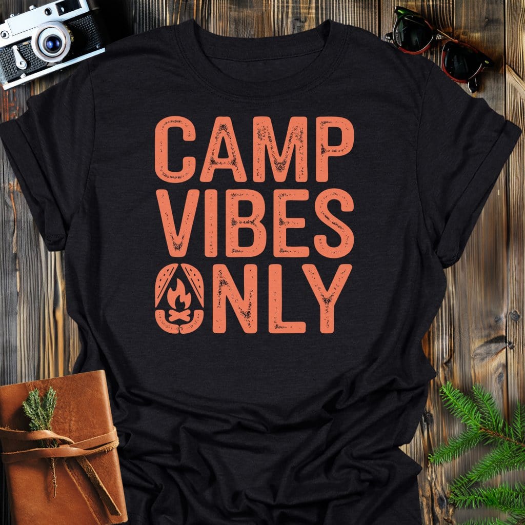 Camp Vibes T-Shirt In Black / S Lightweight adventure tee for outdoor lovers Perfect for hiking camping or road trips Made from soft breathable cotton for all-day comfort Ideal for nature lovers and adventurers FAYO Threads outdoor apparel remember Fun Awaits You Outside
