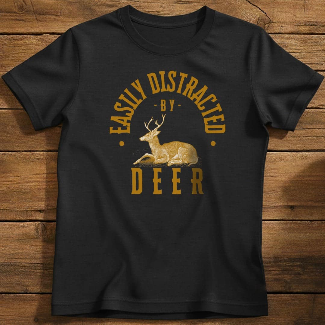 Distracted By Deer T-Shirt In Black / S Lightweight adventure tee for outdoor lovers Perfect for hiking camping or road trips Made from soft breathable cotton for all-day comfort Ideal for nature lovers and adventurers FAYO Threads outdoor apparel remember Fun Awaits You Outside