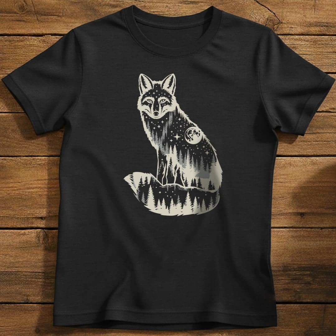 Moonlit Fox T-Shirt In Black / S Lightweight adventure tee for outdoor lovers Perfect for hiking camping or road trips Made from soft breathable cotton for all-day comfort Ideal for nature lovers and adventurers FAYO Threads outdoor apparel remember Fun Awaits You Outside