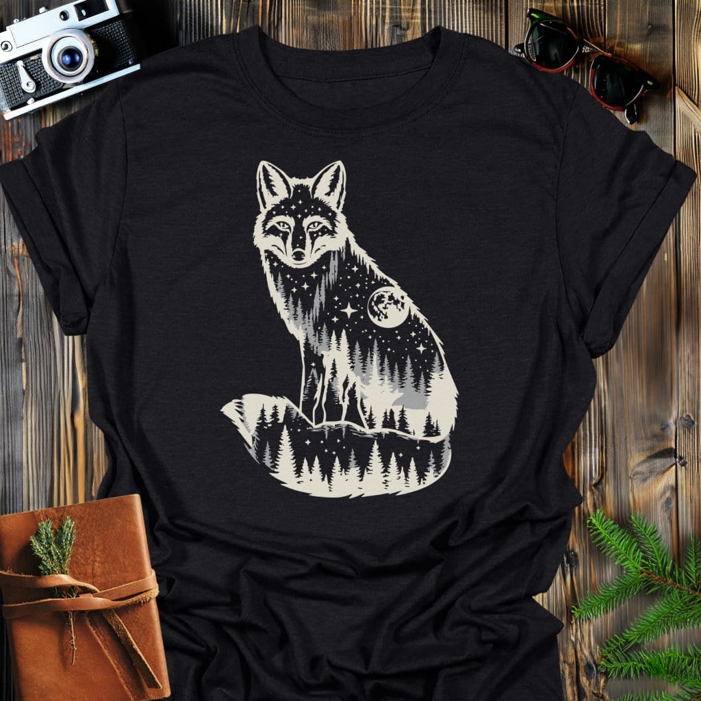 Moonlit Fox T-Shirt In Black / S Lightweight adventure tee for outdoor lovers Perfect for hiking camping or road trips Made from soft breathable cotton for all-day comfort Ideal for nature lovers and adventurers FAYO Threads outdoor apparel remember Fun Awaits You Outside