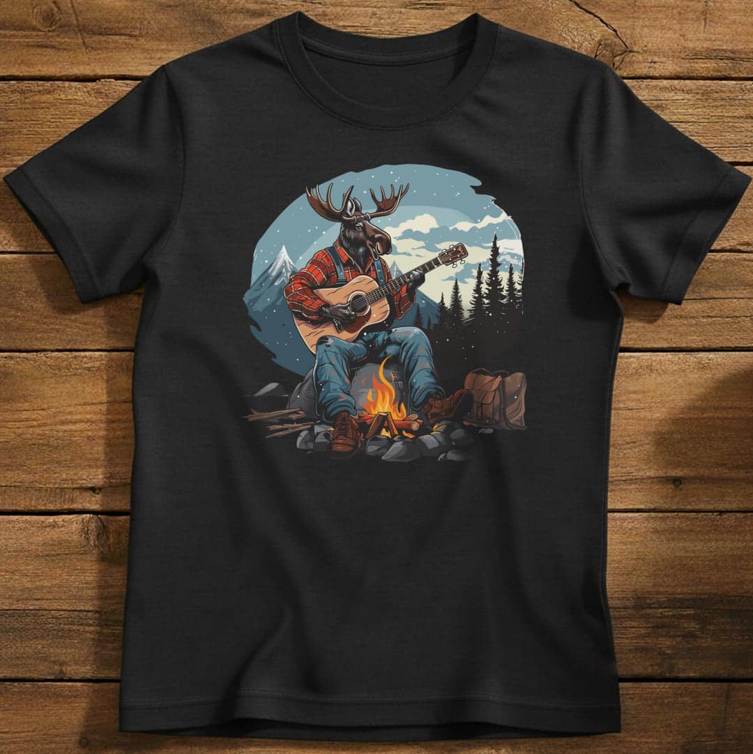 Snowy Moose Mountain Jam T-Shirt In Black / S Lightweight adventure tee for outdoor lovers Perfect for hiking camping or road trips Made from soft breathable cotton for all-day comfort Ideal for nature lovers and adventurers FAYO Threads outdoor apparel remember Fun Awaits You Outside