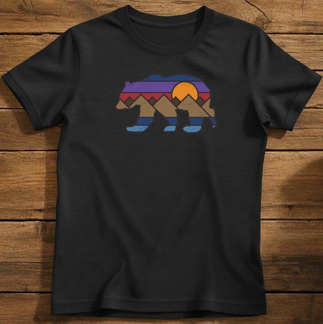 Sunset Bear T-Shirt In Black / S Lightweight adventure tee for outdoor lovers Perfect for hiking camping or road trips Made from soft breathable cotton for all-day comfort Ideal for nature lovers and adventurers FAYO Threads outdoor apparel remember Fun Awaits You Outside