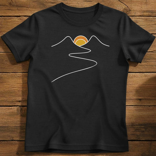 Sunset Path T-Shirt In Black / S Lightweight adventure tee for outdoor lovers Perfect for hiking camping or road trips Made from soft breathable cotton for all-day comfort Ideal for nature lovers and adventurers FAYO Threads outdoor apparel remember Fun Awaits You Outside