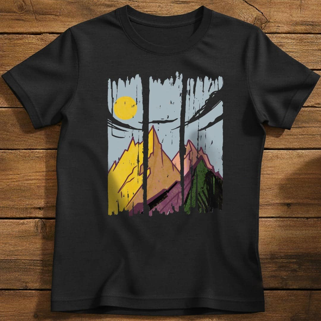 Sunset Peaks T-Shirt In Black / S Lightweight adventure tee for outdoor lovers Perfect for hiking camping or road trips Made from soft breathable cotton for all-day comfort Ideal for nature lovers and adventurers FAYO Threads outdoor apparel remember Fun Awaits You Outside