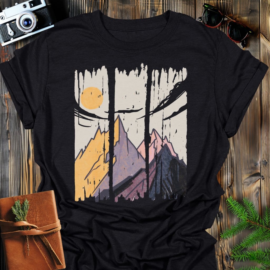 Sunset Peaks T-Shirt In Black / S Lightweight adventure tee for outdoor lovers Perfect for hiking camping or road trips Made from soft breathable cotton for all-day comfort Ideal for nature lovers and adventurers FAYO Threads outdoor apparel remember Fun Awaits You Outside