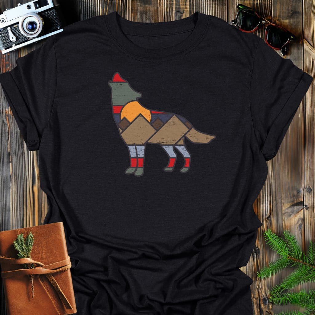 Sunset Wolf T-Shirt In Black / S Lightweight adventure tee for outdoor lovers Perfect for hiking camping or road trips Made from soft breathable cotton for all-day comfort Ideal for nature lovers and adventurers FAYO Threads outdoor apparel remember Fun Awaits You Outside