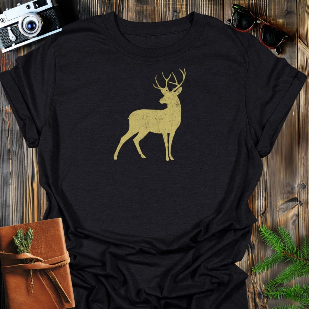 Vintage Golden Buck T-Shirt In Black / S Lightweight adventure tee for outdoor lovers Perfect for hiking camping or road trips Made from soft breathable cotton for all-day comfort Ideal for nature lovers and adventurers FAYO Threads outdoor apparel remember Fun Awaits You Outside