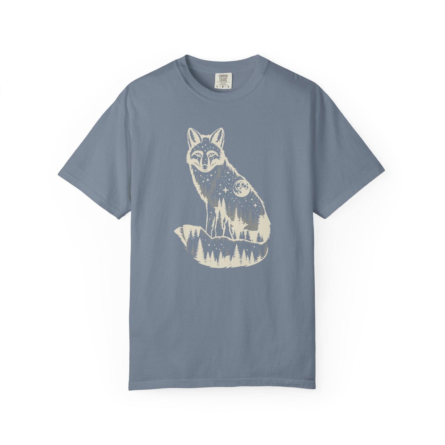Moonlite Fox T-Shirt In Blue Jean / S Lightweight adventure tee for outdoor lovers Perfect for hiking camping or road trips Made from soft breathable cotton for all-day comfort Ideal for nature lovers and adventurers FAYO Threads outdoor apparel remember Fun Awaits You Outside
