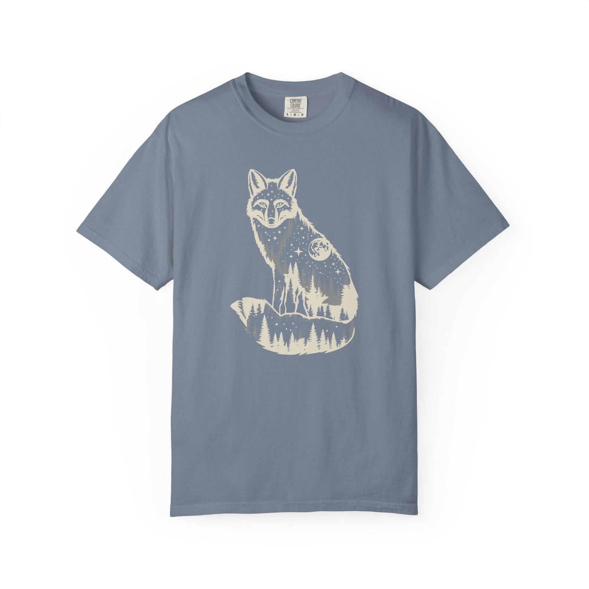 Moonlite Fox T-Shirt In Blue Jean / S Lightweight adventure tee for outdoor lovers Perfect for hiking camping or road trips Made from soft breathable cotton for all-day comfort Ideal for nature lovers and adventurers FAYO Threads outdoor apparel remember Fun Awaits You Outside
