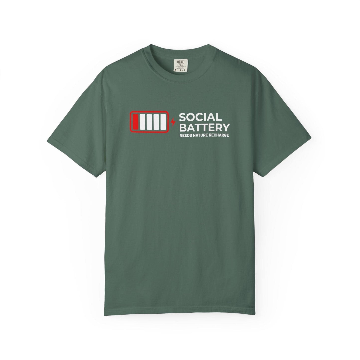 Socail Battery Needs Recharge T-Shirt In Blue Spruce / S Lightweight adventure tee for outdoor lovers Perfect for hiking camping or road trips Made from soft breathable cotton for all-day comfort Ideal for nature lovers and adventurers FAYO Threads outdoor apparel remember Fun Awaits You Outside