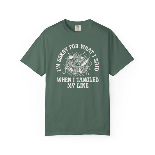 Sorry What I Said Line Tangled T-Shirt In Blue Spruce / S Lightweight adventure tee for outdoor lovers Perfect for hiking camping or road trips Made from soft breathable cotton for all-day comfort Ideal for nature lovers and adventurers FAYO Threads outdoor apparel remember Fun Awaits You Outside