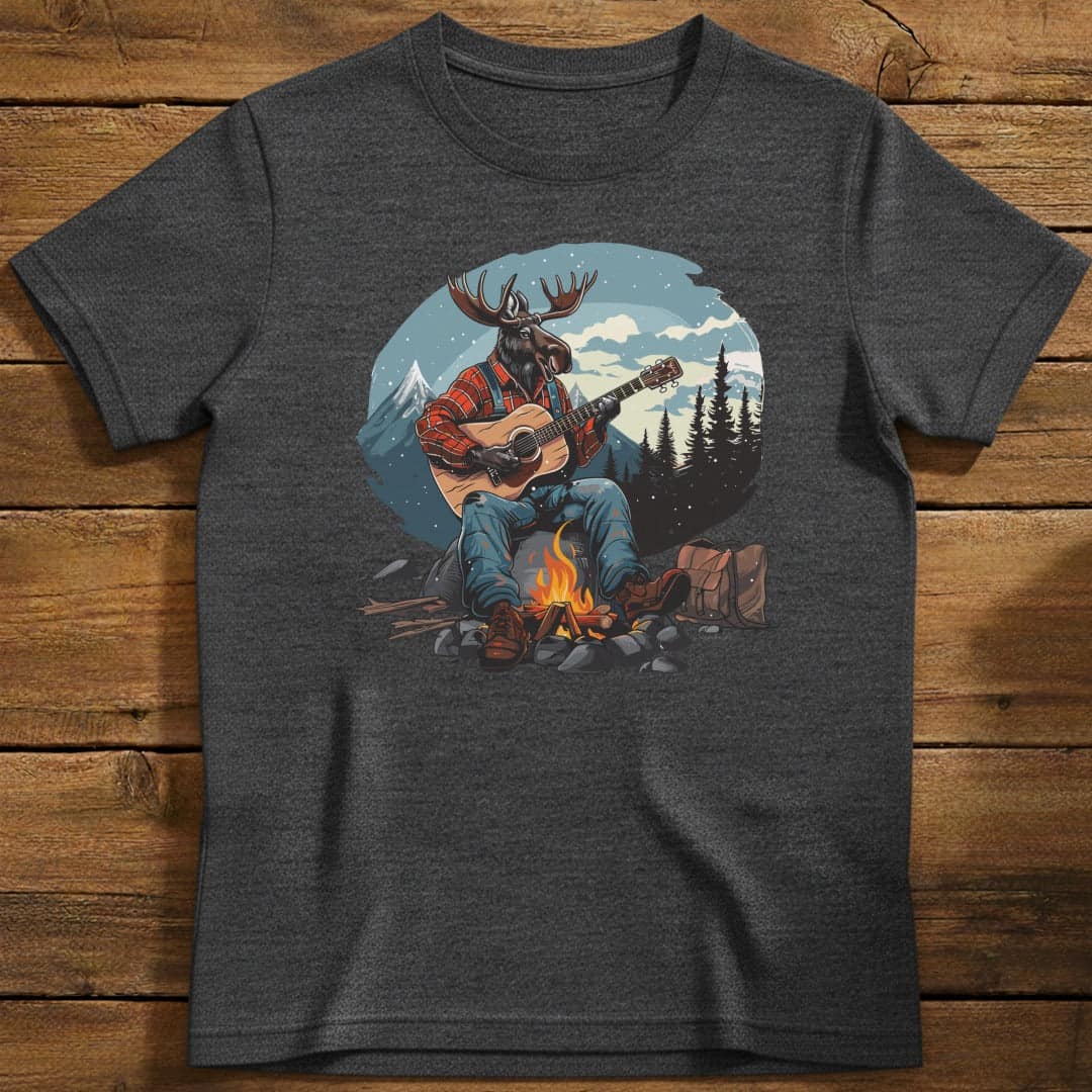 Snowy Moose Mountain Jam T-Shirt In Dark Heather / S Lightweight adventure tee for outdoor lovers Perfect for hiking camping or road trips Made from soft breathable cotton for all-day comfort Ideal for nature lovers and adventurers FAYO Threads outdoor apparel remember Fun Awaits You Outside
