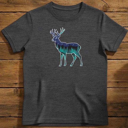 Starlit Stag T-Shirt In Dark Heather / S Lightweight adventure tee for outdoor lovers Perfect for hiking camping or road trips Made from soft breathable cotton for all-day comfort Ideal for nature lovers and adventurers FAYO Threads outdoor apparel remember Fun Awaits You Outside