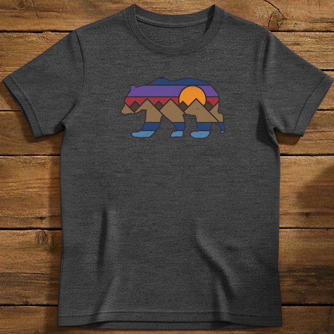Sunset Bear T-Shirt In Dark Heather / S Lightweight adventure tee for outdoor lovers Perfect for hiking camping or road trips Made from soft breathable cotton for all-day comfort Ideal for nature lovers and adventurers FAYO Threads outdoor apparel remember Fun Awaits You Outside