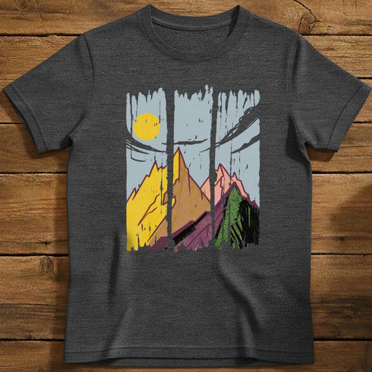 Sunset Peaks T-Shirt In Dark Heather / S Lightweight adventure tee for outdoor lovers Perfect for hiking camping or road trips Made from soft breathable cotton for all-day comfort Ideal for nature lovers and adventurers FAYO Threads outdoor apparel remember Fun Awaits You Outside