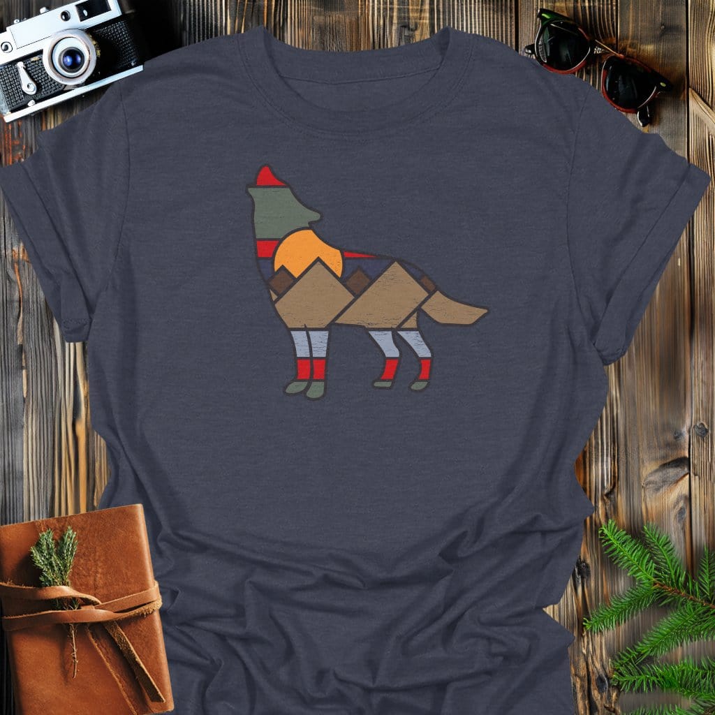 Sunset Wolf T-Shirt In Dark Heather / S Lightweight adventure tee for outdoor lovers Perfect for hiking camping or road trips Made from soft breathable cotton for all-day comfort Ideal for nature lovers and adventurers FAYO Threads outdoor apparel remember Fun Awaits You Outside