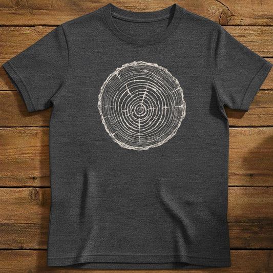 Timber Rings T-Shirt In Dark Heather / S Lightweight adventure tee for outdoor lovers Perfect for hiking camping or road trips Made from soft breathable cotton for all-day comfort Ideal for nature lovers and adventurers FAYO Threads outdoor apparel remember Fun Awaits You Outside