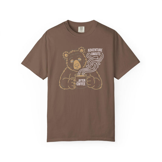 Adventure After Coffee T-Shirt In Espresso / S Lightweight adventure tee for outdoor lovers Perfect for hiking camping or road trips Made from soft breathable cotton for all-day comfort Ideal for nature lovers and adventurers FAYO Threads outdoor apparel remember Fun Awaits You Outside