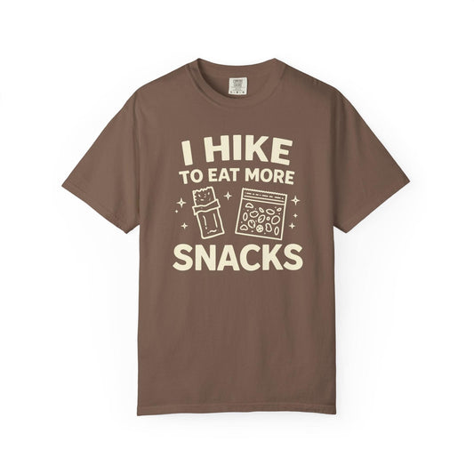 Hike to Eat More Snacks T-Shirt In Espresso / S Lightweight adventure tee for outdoor lovers Perfect for hiking camping or road trips Made from soft breathable cotton for all-day comfort Ideal for nature lovers and adventurers FAYO Threads outdoor apparel remember Fun Awaits You Outside