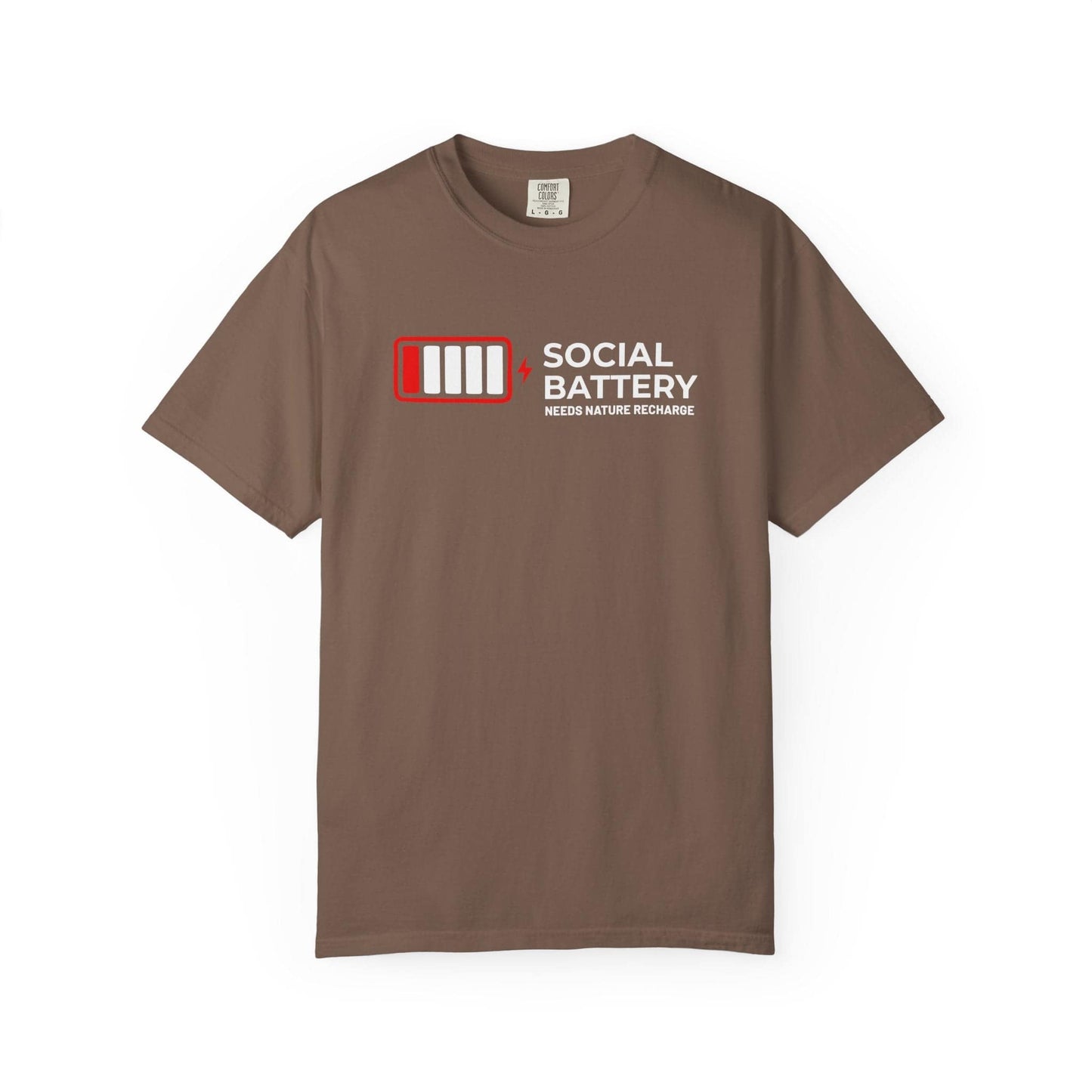 Socail Battery Needs Recharge T-Shirt In Espresso / S Lightweight adventure tee for outdoor lovers Perfect for hiking camping or road trips Made from soft breathable cotton for all-day comfort Ideal for nature lovers and adventurers FAYO Threads outdoor apparel remember Fun Awaits You Outside