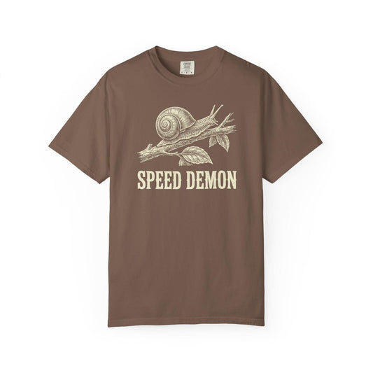 Speed Demon Snail T-Shirt In Espresso / S Lightweight adventure tee for outdoor lovers Perfect for hiking camping or road trips Made from soft breathable cotton for all-day comfort Ideal for nature lovers and adventurers FAYO Threads outdoor apparel remember Fun Awaits You Outside