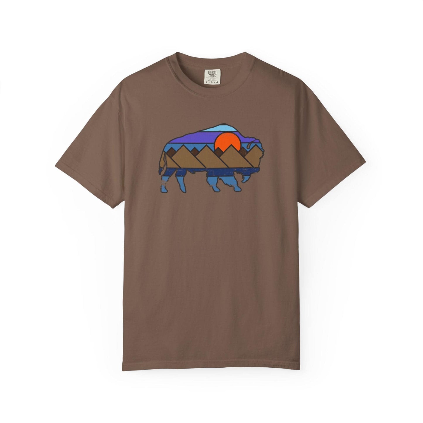 Sunset Buffalo T-Shirt In Espresso / S Lightweight adventure tee for outdoor lovers Perfect for hiking camping or road trips Made from soft breathable cotton for all-day comfort Ideal for nature lovers and adventurers FAYO Threads outdoor apparel remember Fun Awaits You Outside