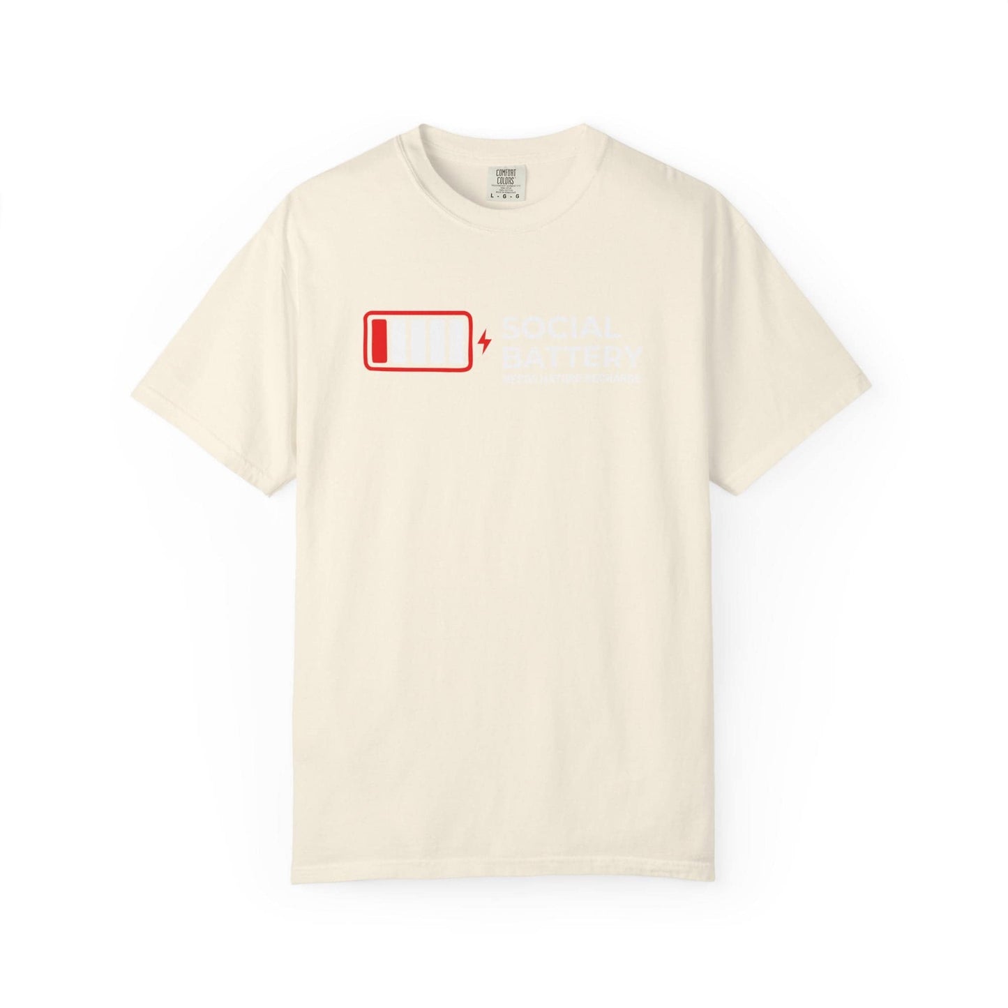 Socail Battery Needs Recharge T-Shirt In Ivory / S Lightweight adventure tee for outdoor lovers Perfect for hiking camping or road trips Made from soft breathable cotton for all-day comfort Ideal for nature lovers and adventurers FAYO Threads outdoor apparel remember Fun Awaits You Outside