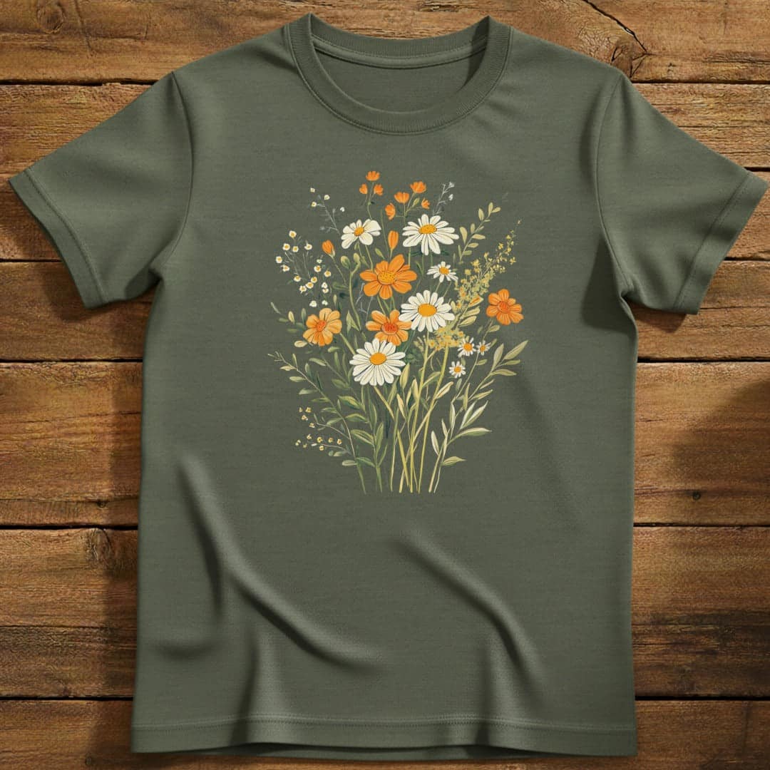 Daisy Dreams T-Shirt In Military Green / S Lightweight adventure tee for outdoor lovers Perfect for hiking camping or road trips Made from soft breathable cotton for all-day comfort Ideal for nature lovers and adventurers FAYO Threads outdoor apparel remember Fun Awaits You Outside