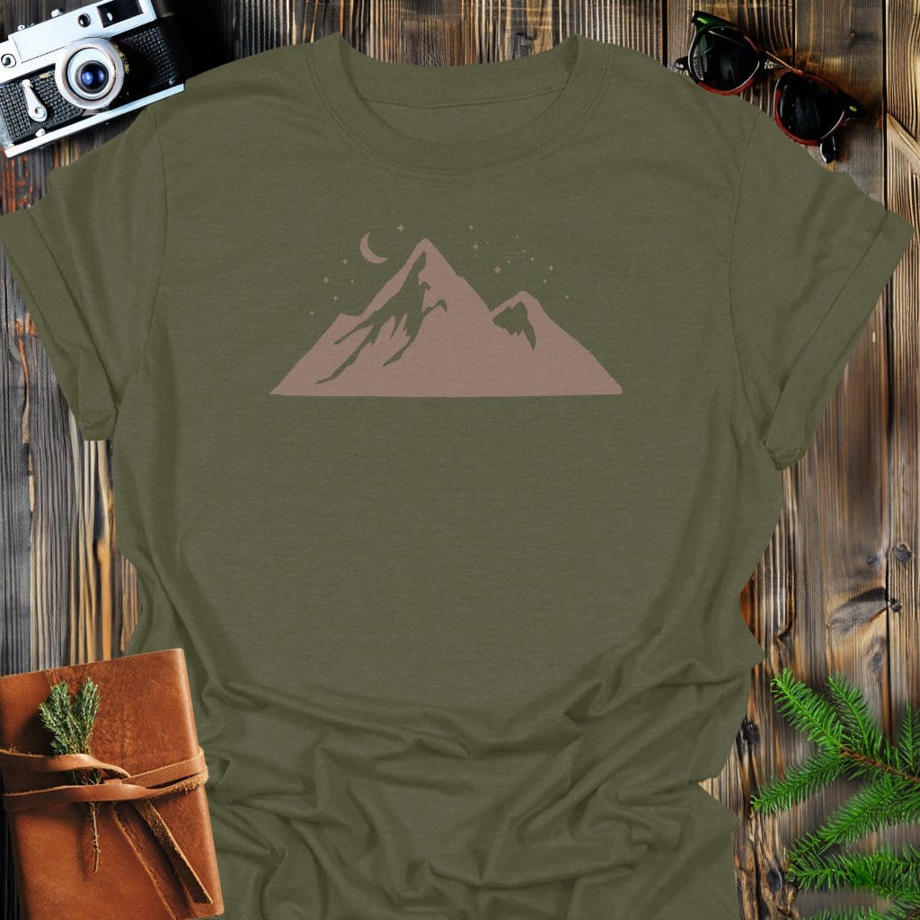 Midnight Peaks T-Shirt In Military Green / S Lightweight adventure tee for outdoor lovers Perfect for hiking camping or road trips Made from soft breathable cotton for all-day comfort Ideal for nature lovers and adventurers FAYO Threads outdoor apparel remember Fun Awaits You Outside