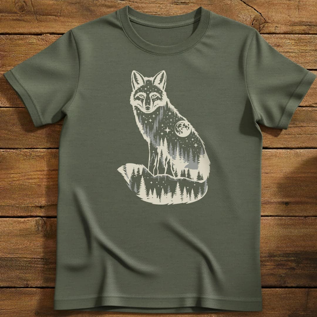 Moonlit Fox T-Shirt In Military Green / S Lightweight adventure tee for outdoor lovers Perfect for hiking camping or road trips Made from soft breathable cotton for all-day comfort Ideal for nature lovers and adventurers FAYO Threads outdoor apparel remember Fun Awaits You Outside