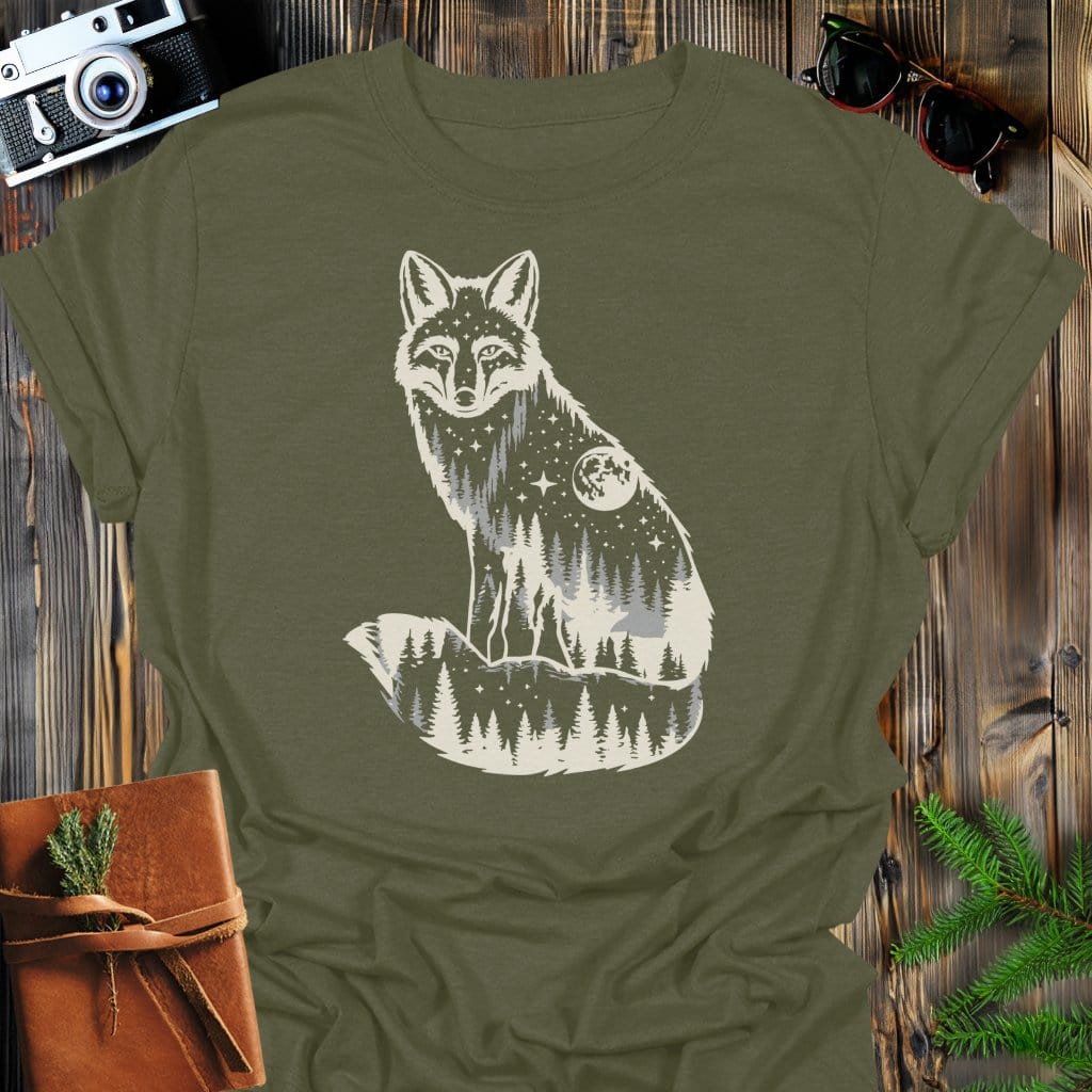 Moonlit Fox T-Shirt In Military Green / S Lightweight adventure tee for outdoor lovers Perfect for hiking camping or road trips Made from soft breathable cotton for all-day comfort Ideal for nature lovers and adventurers FAYO Threads outdoor apparel remember Fun Awaits You Outside