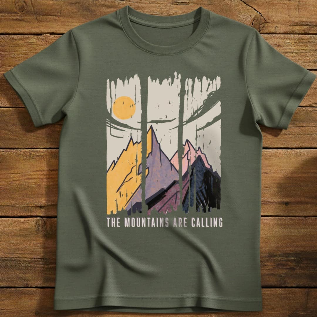 Mountains are Calling T-Shirt In Military Green / S Lightweight adventure tee for outdoor lovers Perfect for hiking camping or road trips Made from soft breathable cotton for all-day comfort Ideal for nature lovers and adventurers FAYO Threads outdoor apparel remember Fun Awaits You Outside