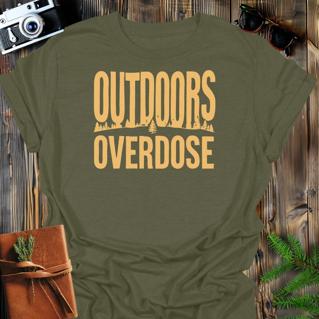 Outdoors Overdose T-Shirt In Military Green / S Lightweight adventure tee for outdoor lovers Perfect for hiking camping or road trips Made from soft breathable cotton for all-day comfort Ideal for nature lovers and adventurers FAYO Threads outdoor apparel remember Fun Awaits You Outside