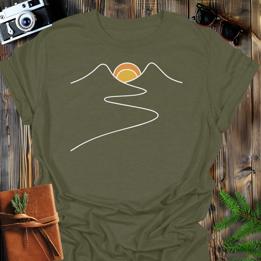 Sunset Path T-Shirt In Military Green / S Lightweight adventure tee for outdoor lovers Perfect for hiking camping or road trips Made from soft breathable cotton for all-day comfort Ideal for nature lovers and adventurers FAYO Threads outdoor apparel remember Fun Awaits You Outside