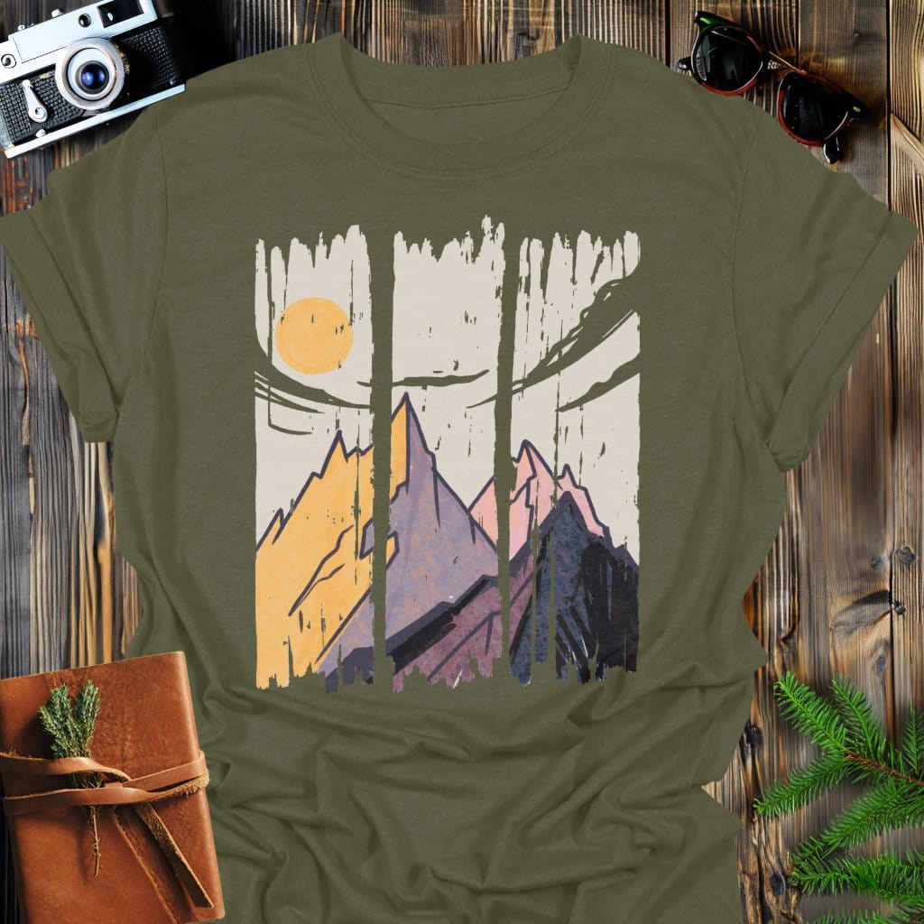 Sunset Peaks T-Shirt In Military Green / S Lightweight adventure tee for outdoor lovers Perfect for hiking camping or road trips Made from soft breathable cotton for all-day comfort Ideal for nature lovers and adventurers FAYO Threads outdoor apparel remember Fun Awaits You Outside