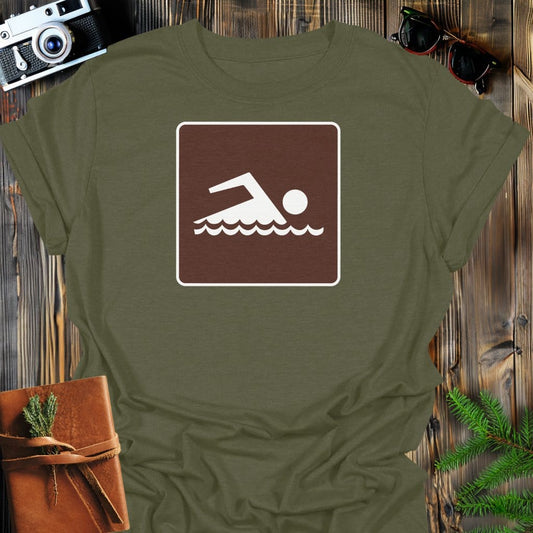 Swimming Sign T-Shirt In Military Green / S Lightweight adventure tee for outdoor lovers Perfect for hiking camping or road trips Made from soft breathable cotton for all-day comfort Ideal for nature lovers and adventurers FAYO Threads outdoor apparel remember Fun Awaits You Outside