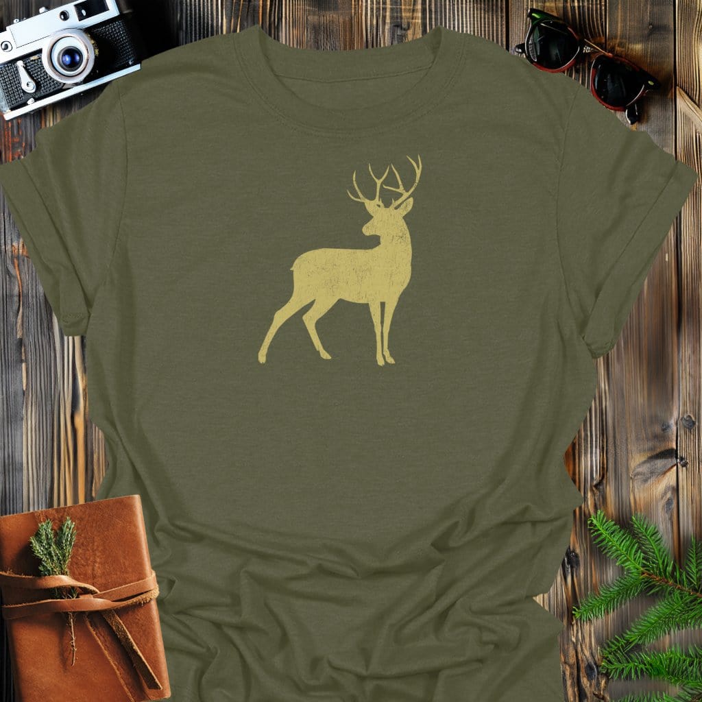 Vintage Golden Buck T-Shirt In Military Green / S Lightweight adventure tee for outdoor lovers Perfect for hiking camping or road trips Made from soft breathable cotton for all-day comfort Ideal for nature lovers and adventurers FAYO Threads outdoor apparel remember Fun Awaits You Outside