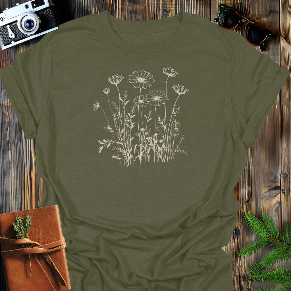 Wildflower Dreams T-Shirt In Military Green / S Lightweight adventure tee for outdoor lovers Perfect for hiking camping or road trips Made from soft breathable cotton for all-day comfort Ideal for nature lovers and adventurers FAYO Threads outdoor apparel remember Fun Awaits You Outside