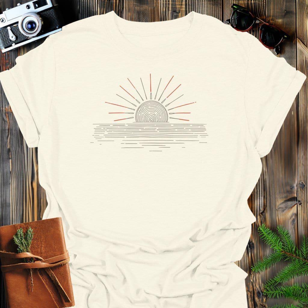 Solar Horizon T-Shirt In Natural / S Lightweight adventure tee for outdoor lovers Perfect for hiking camping or road trips Made from soft breathable cotton for all-day comfort Ideal for nature lovers and adventurers FAYO Threads outdoor apparel remember Fun Awaits You Outside