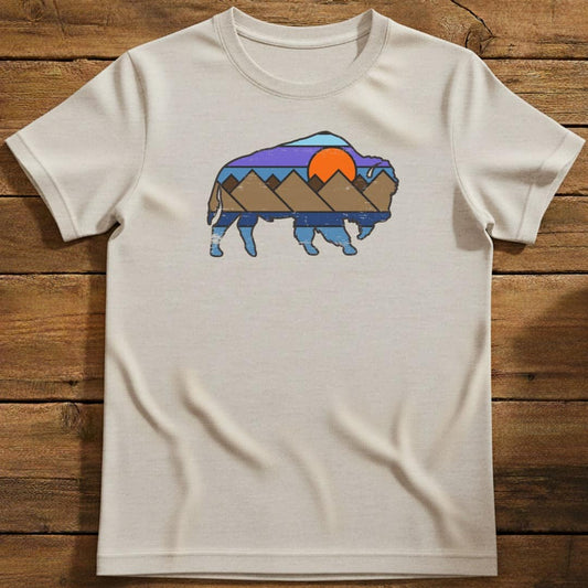 Sunset Buffalo T-Shirt In Natural / S Lightweight adventure tee for outdoor lovers Perfect for hiking camping or road trips Made from soft breathable cotton for all-day comfort Ideal for nature lovers and adventurers FAYO Threads outdoor apparel remember Fun Awaits You Outside