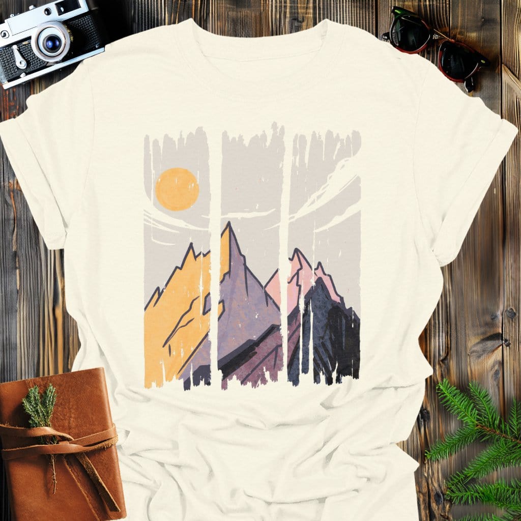 Sunset Peaks T-Shirt In Natural / S Lightweight adventure tee for outdoor lovers Perfect for hiking camping or road trips Made from soft breathable cotton for all-day comfort Ideal for nature lovers and adventurers FAYO Threads outdoor apparel remember Fun Awaits You Outside