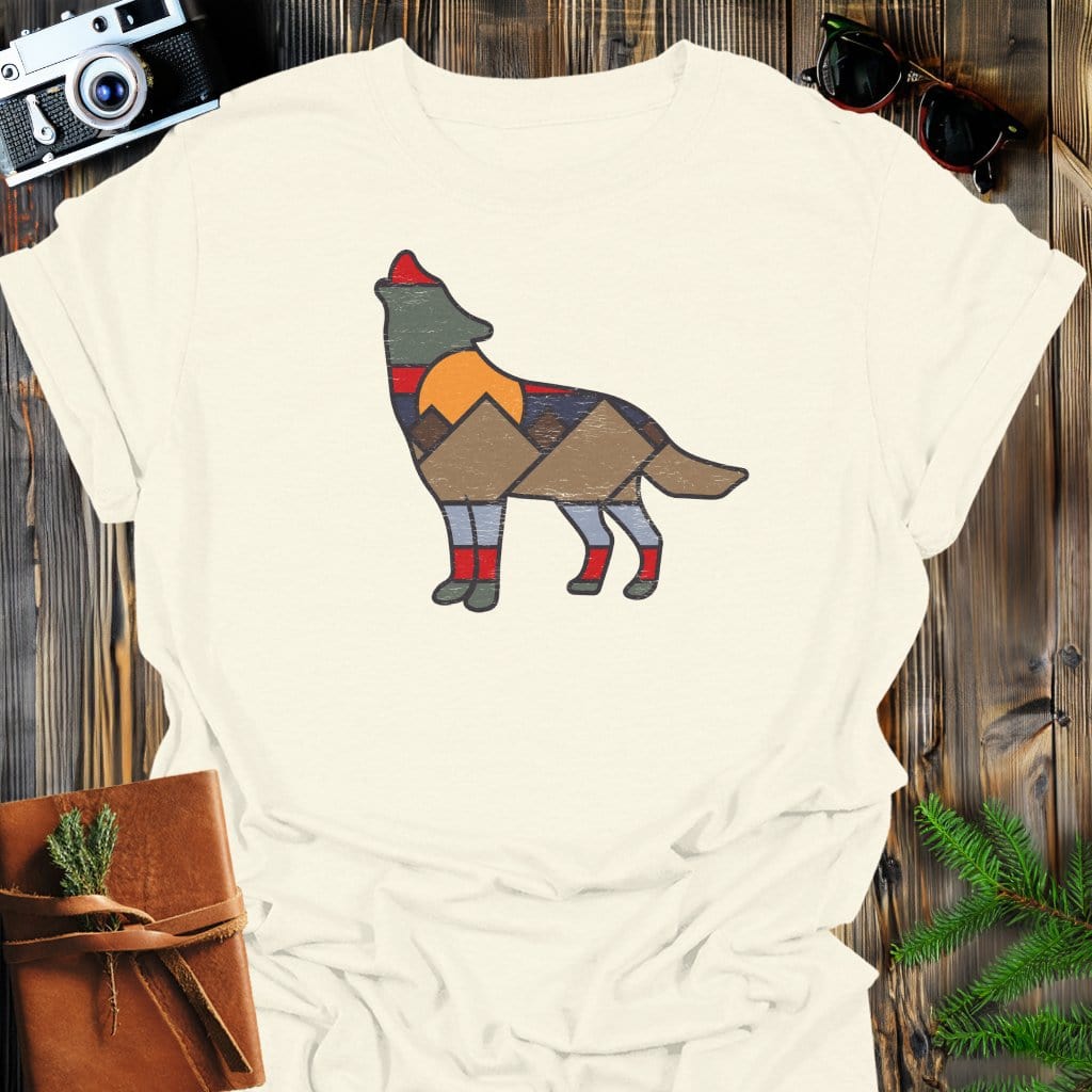 Sunset Wolf T-Shirt In Natural / S Lightweight adventure tee for outdoor lovers Perfect for hiking camping or road trips Made from soft breathable cotton for all-day comfort Ideal for nature lovers and adventurers FAYO Threads outdoor apparel remember Fun Awaits You Outside